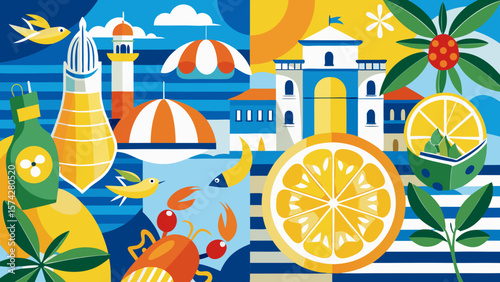 Italian Mediterranean Amalfi coast print – scenic coastal village vector illustration with lemons, ocean view, architecture, and summer holiday elements