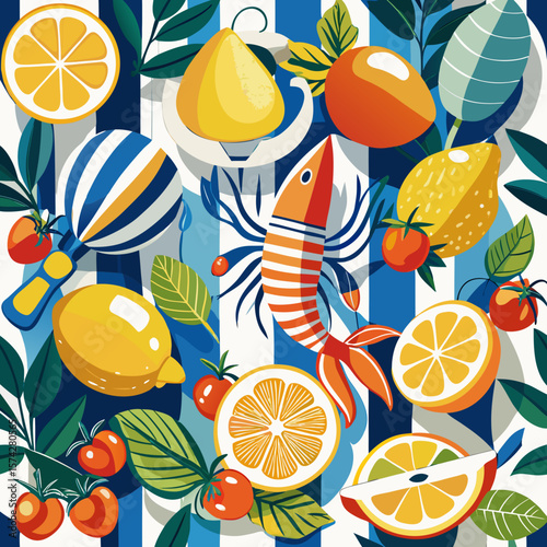 Italian Mediterranean Amalfi coast vector artwork – seaside village with citrus trees, sea breeze, pastel architecture, and dreamy summer holiday vibes