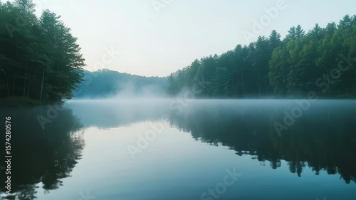 A serene view of a tranquil lake surrounded by a dense forest, with a gentle mist rising from the water, characteristic of an early morning or late evening.