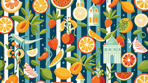 Italian Mediterranean Amalfi coast vector print – picturesque seaside village with lemon trees, coastal views, pastel buildings, and summer travel vibes