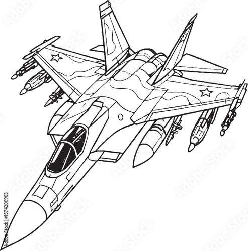 Top-View Line Art of Modern Fighter Jet – Military Aircraft Illustration