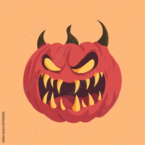 Scary Demonic Pumpkin Face, Vector Logo, Illustration