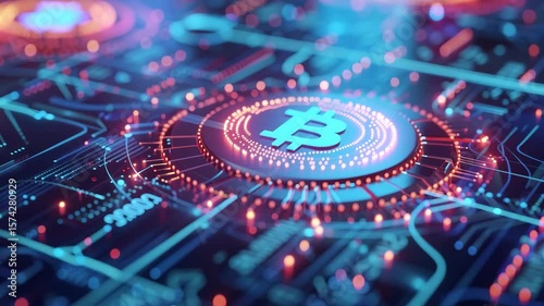 Bitcoin and Blockchain Technology: An intricate and glowing circuit board featuring a prominent Bitcoin symbol, representing the digital currency and its underlying blockchain technology.