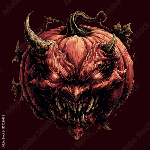 Scary Demonic Pumpkin Face, Vector Logo, Illustration