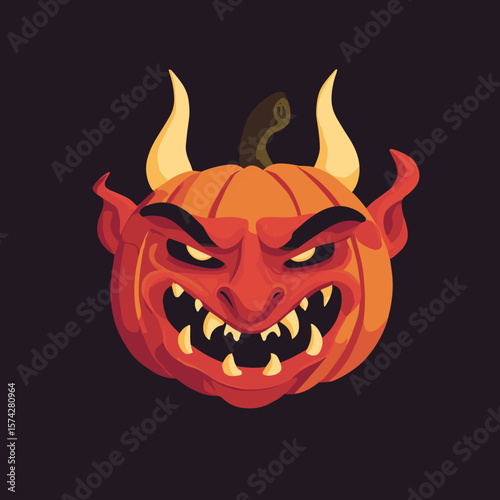 Scary Demonic Pumpkin Face, Vector Logo, Illustration