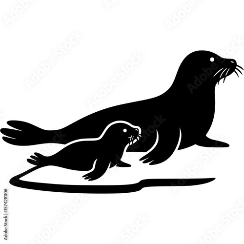 Mother and baby seal silhouette on ice floe