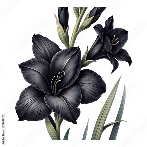 Stunning Black Gladiolus Flowers, Buds, and Leaves Isolated on White
