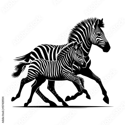 Zebra Family: A dynamic depiction of a zebra family in harmonious motion, conveying a sense of unity, kinship, and the raw beauty of the animal kingdom.
