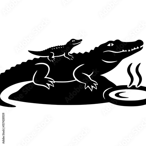 Alligator with baby riding on back next to steaming bowl