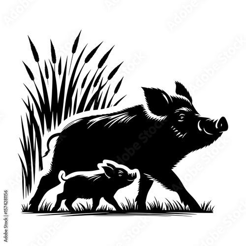 Ink Silhouette of Wild Pig and Cub: A bold, ink silhouette captures the essence of the wild, featuring a rugged wild pig and its adorable cub against a backdrop of tall grass.