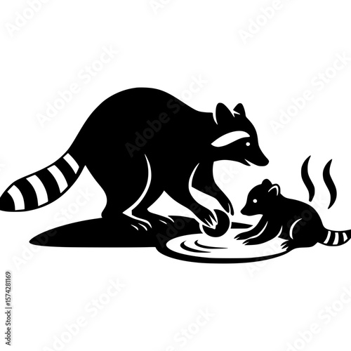 Raccoon mother and baby playing with water and a ball