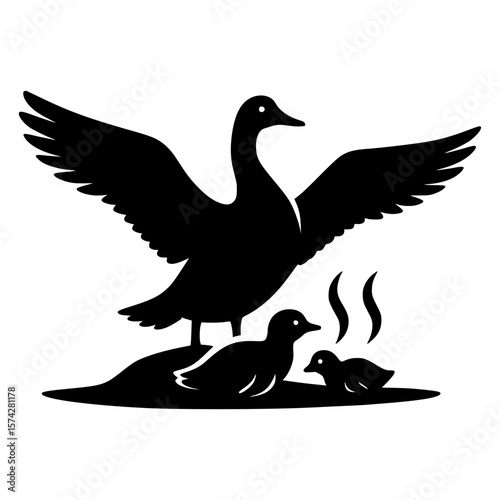 Protective goose spreads wings over ducklings in silhouette