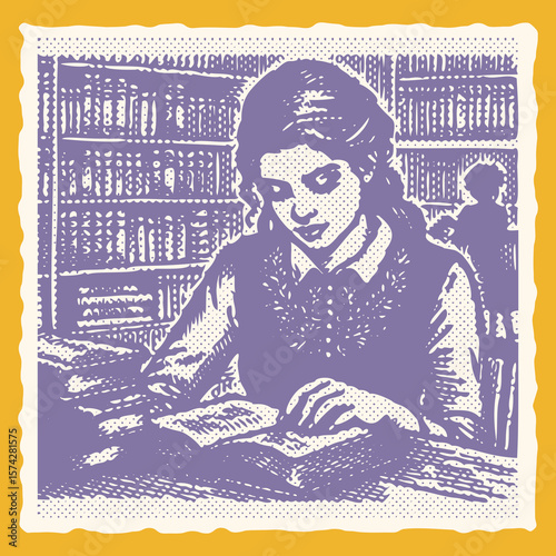  Vibrant color engraving halftone postal stamp vector of purple color student reading in a library, vintage comic style educational artwork, retro academic illustration bundle