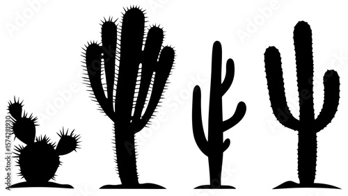 Set of cactus silhouette vector illustrations. Includes various cactus shapes in black on a white background. Ideal for desert, botanical, or nature-themed design projects.