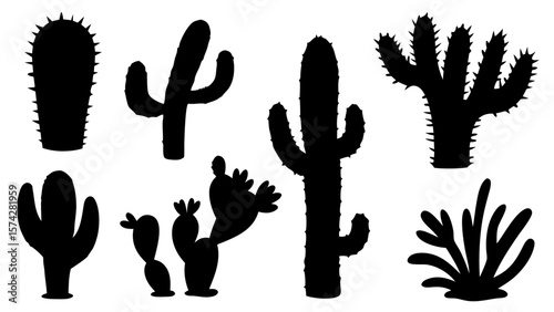 Set of cactus silhouette vector illustrations. Includes various cactus shapes in black on a white background. Ideal for desert, botanical, or nature-themed design projects.