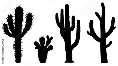 Set of cactus silhouette vector illustrations. Includes various cactus shapes in black on a white background. Ideal for desert, botanical, or nature-themed design projects.
