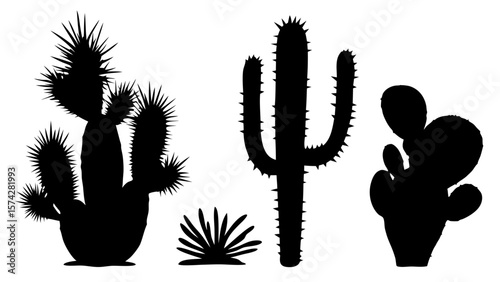 Set of cactus silhouette vector illustrations. Includes various cactus shapes in black on a white background. Ideal for desert, botanical, or nature-themed design projects.