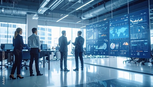 Business team discussing data in modern office