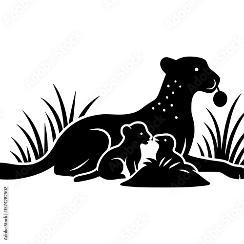 Stylized black silhouette of a cheetah family in grass