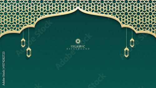 Elegant green Islamic backdrop with hanging lights