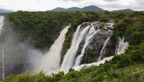 The Magnificent Shimsha or Shivanasamudra cascade, milky water, nature, landscape, picturesque, panorama, monsoon, clouds, in the forests of Bluff in Karnataka, India.