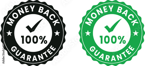 Green 100% money back guarantee badge vector set – certified refund approval icons for eco-friendly product packaging, marketing, and business branding use.