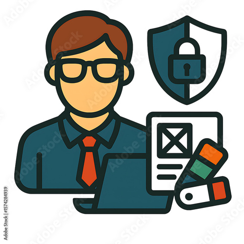 A flat icon of a male designer (possibly UI/UX for security) working with wireframes and a security shield - AI Generated