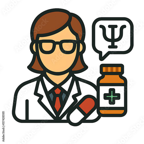 A flat icon of a female psychologist or psychiatrist with the Psi symbol and medication - AI Generated
