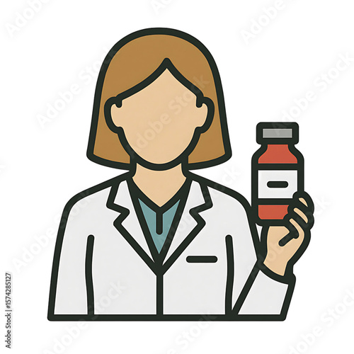 A simple flat icon of a female pharmacist or scientist holding a medicine vial - AI Generated