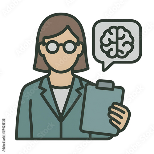 A flat icon of a female psychologist with a clipboard and a brain symbol in a speech bubble - AI Generated