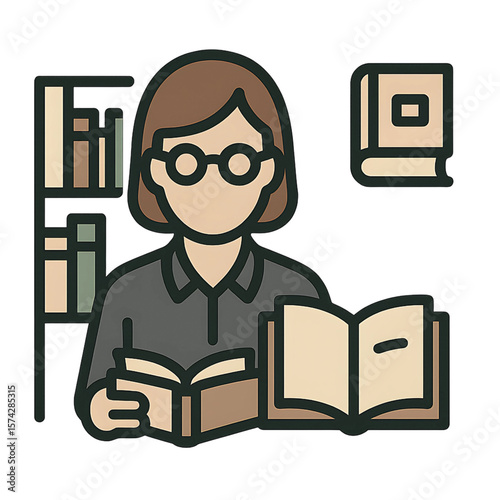 A flat vector icon of a female librarian reading a book in a library - AI Generated