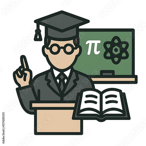 A flat icon of a male science professor or lecturer with a chalkboard and graduation cap - AI Generated
