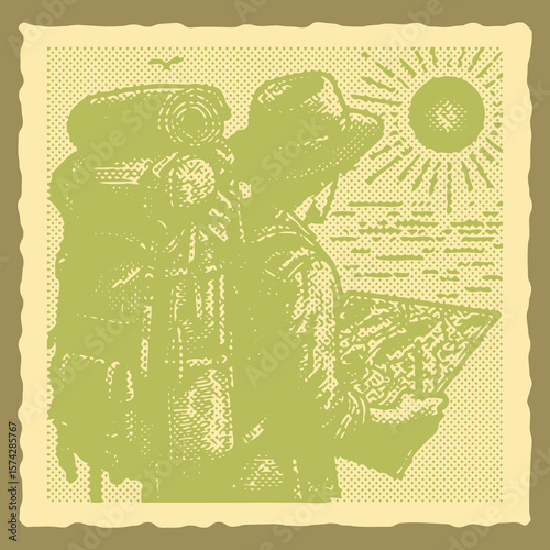  Vibrant color engraving halftone postal stamp style vector of a traveler with backpack and map, detailed tourist illustration for retro adventure design, hiking exploration artwork