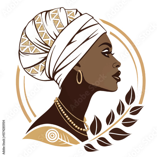 Portrait of an African woman in traditional headwrap with elegant expression in artistic modern style.