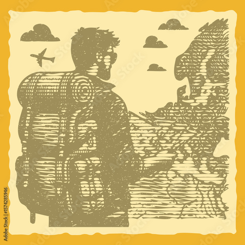  Vibrant color engraving postal stamp lined vector illustration of a traveler with a backpack and map, detailed exploration hiking adventure artwork for tourism and journey design use