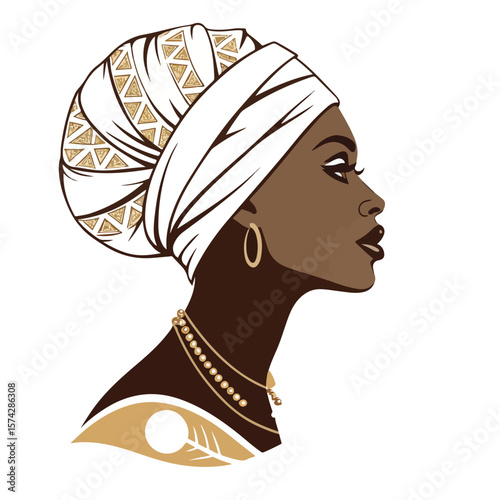 Side view of a graceful lady wearing cultural headgear symbolizing heritage and inner strength.