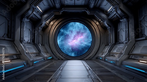Fototapeta Naklejka Na Ścianę i Meble -  Futuristic sci fi spacecraft corridor with a circular window revealing a vibrant nebula