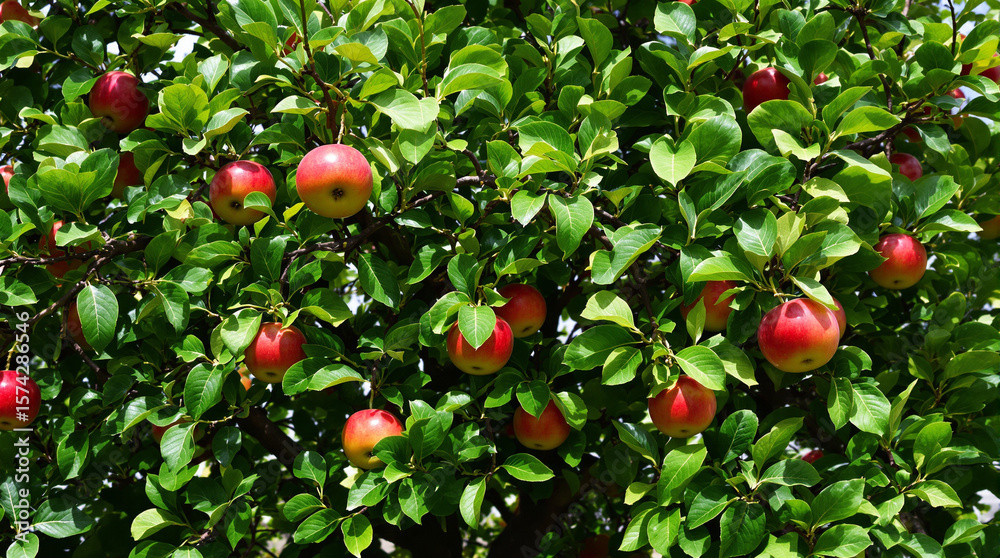 Obraz premium Ripe red apples hang from branches of a lush green tree.