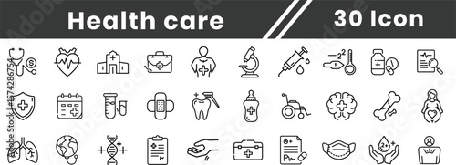 Medical and Healthcare web icons in line style. Pharmacy, Medicine, check up, doctor, dentistry, pharmacy, lab, scientific discovery, collection. Vector illustration.