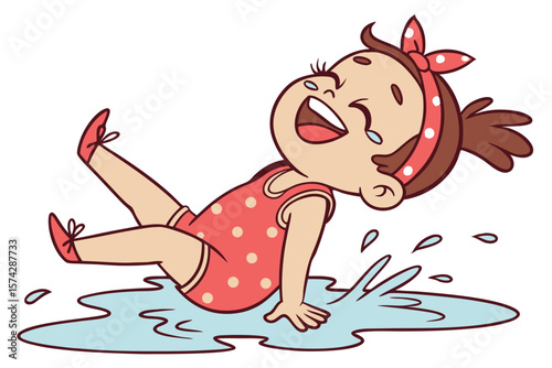 Vector cute Baby Girl cartoon character giggling while splashing in a small puddle isolated on white background