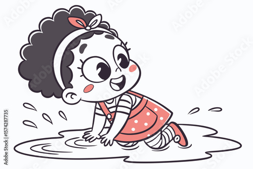 Vector cute Baby Girl cartoon character giggling while splashing in a small puddle isolated on white background