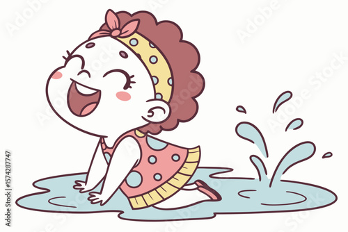 Vector cute Baby Girl cartoon character giggling while splashing in a small puddle isolated on white background