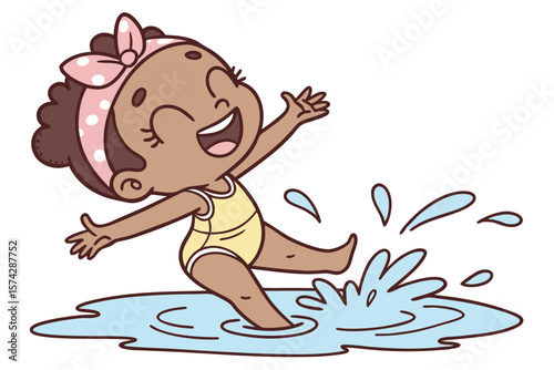Vector cute Baby Girl cartoon character giggling while splashing in a small puddle isolated on white background