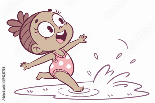 Vector cute Baby Girl cartoon character giggling while splashing in a small puddle isolated on white background