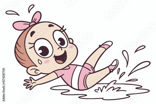 Vector cute Baby Girl cartoon character giggling while splashing in a small puddle isolated on white background