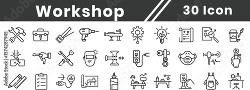 Workshop icon set in line style.  Business Workshop icons for web and mobile app. Business, team building, teamwork, coaching, presentation, professional seminar.