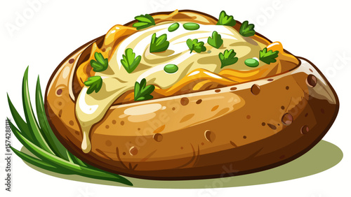 Cut open to reveal a tender inside, the baked potato is generously garnished with sour cream and fresh green onions, resting beautifully on a neutral white backdrop.