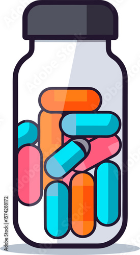 Colorful Capsules in a Bottle: Health and Wellness Illustration