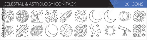Celestial & Astrology Line Icon Set – 20 Mystical Star, Moon & Planet Symbols