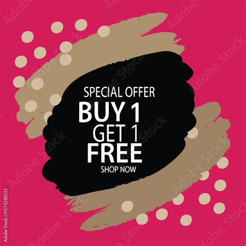 Buy one, get one free special offer label. Sale retail business promotion sticker. Marketing advertising label template vector illustration
